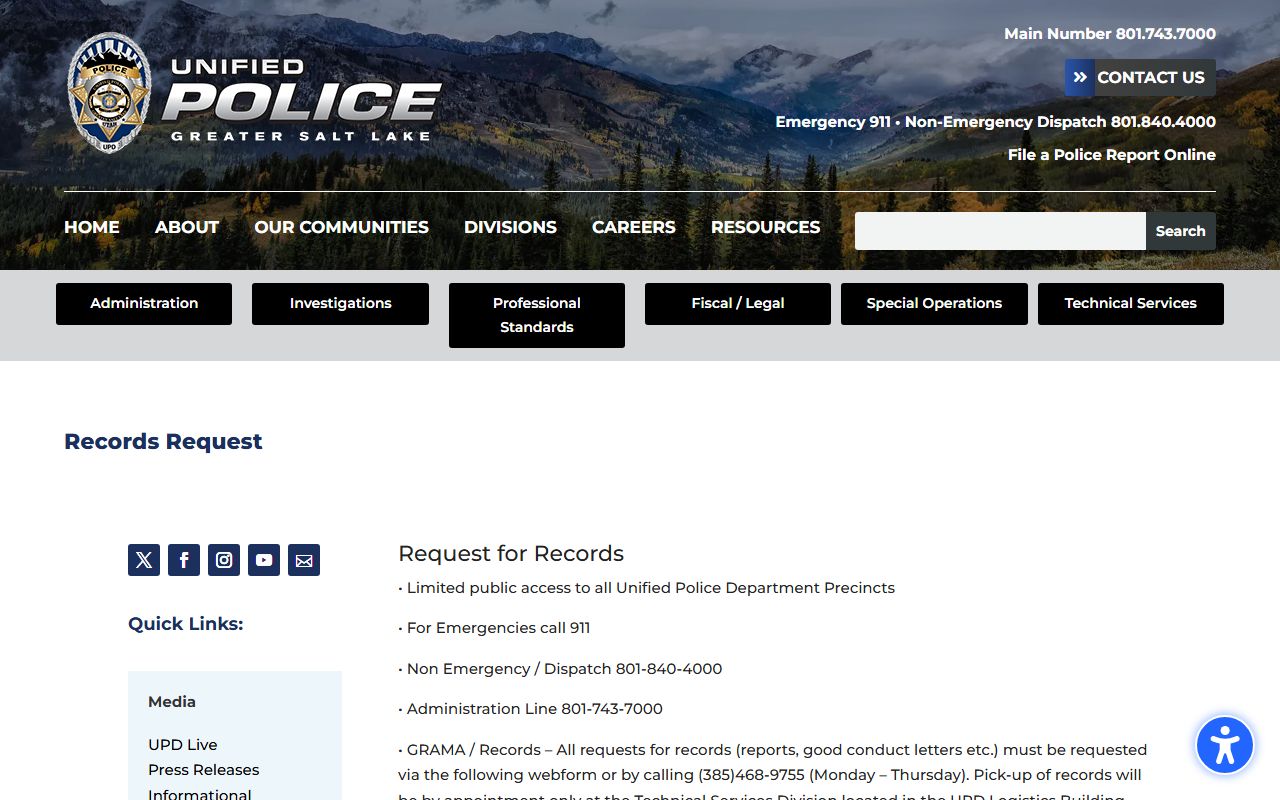 Unified Police Department records request page for Draper bench warrants