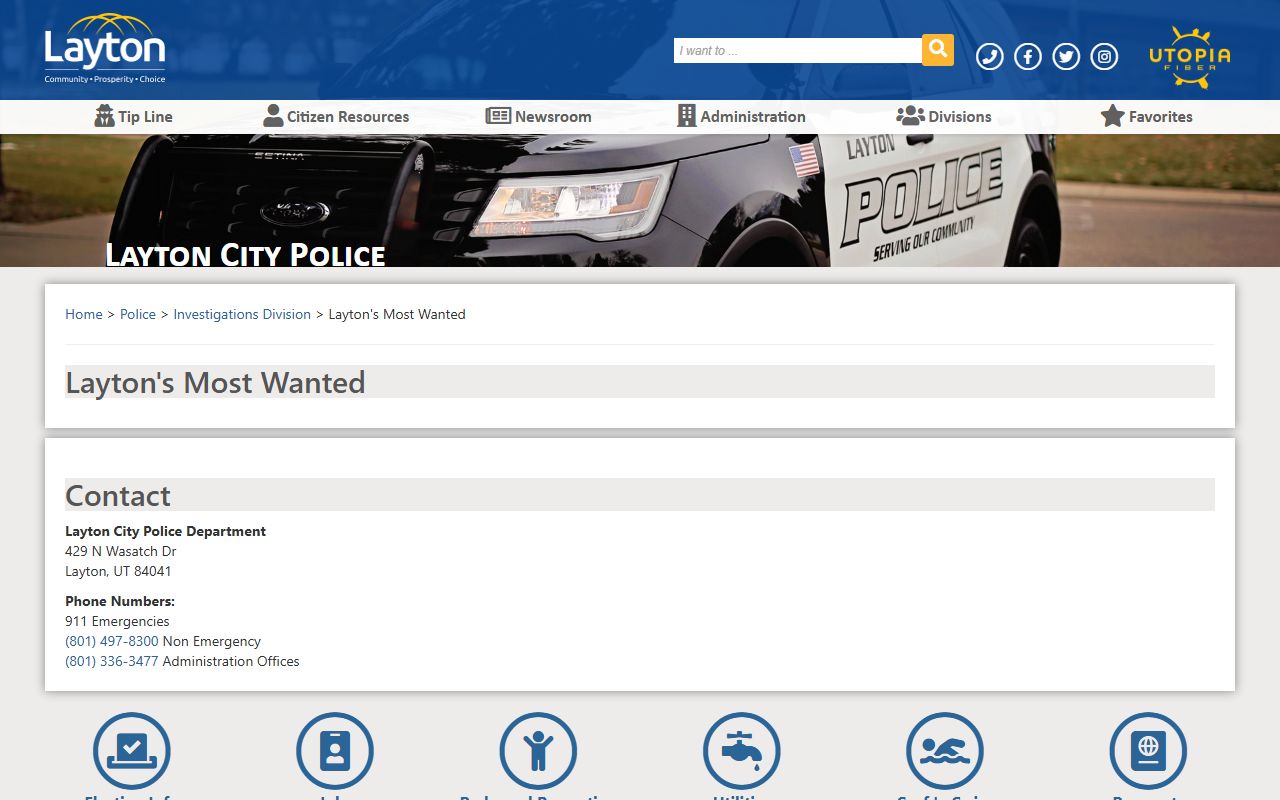 Layton Police most wanted page with bench warrant information