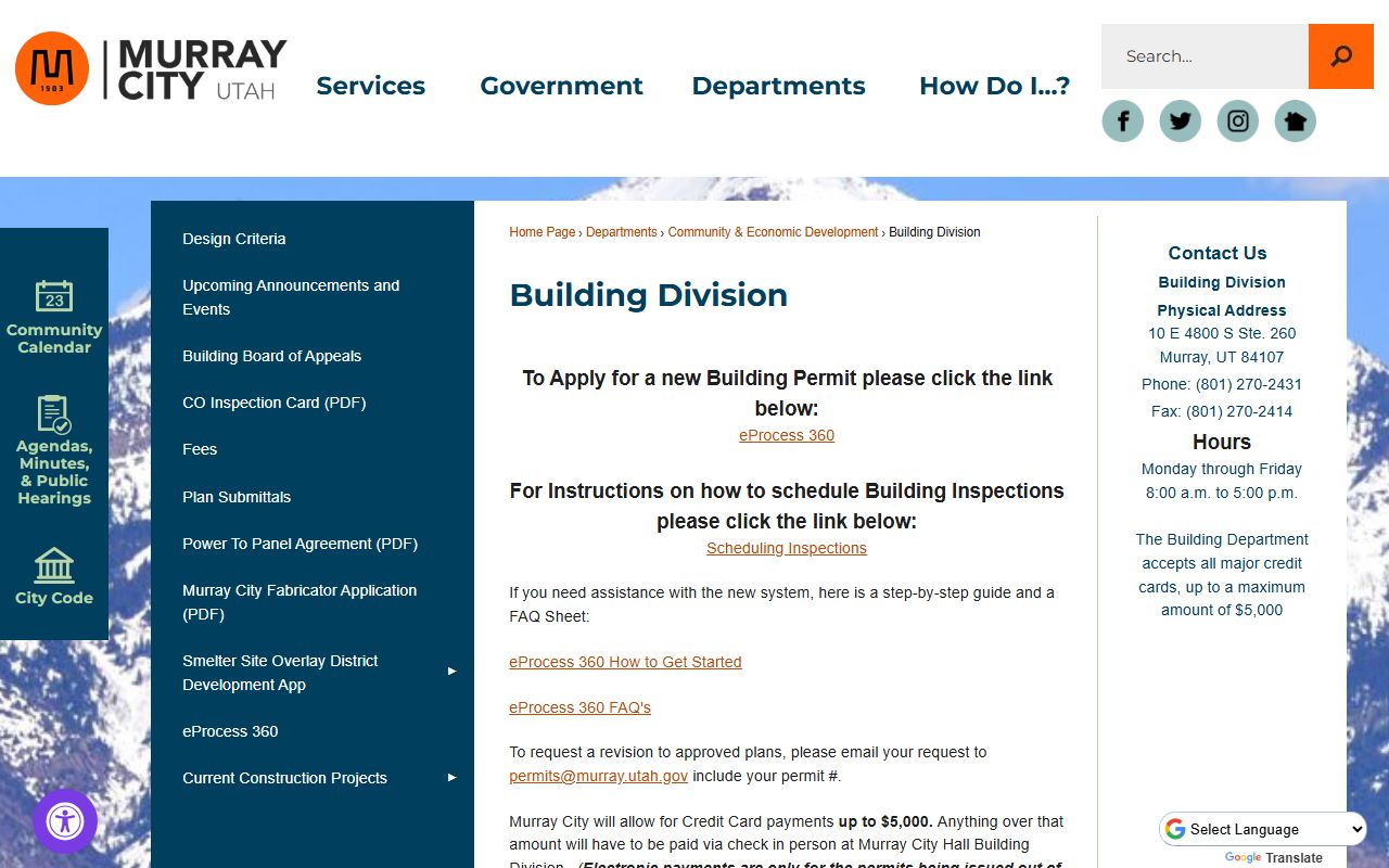 Murray Police Department page for bench warrant and records services