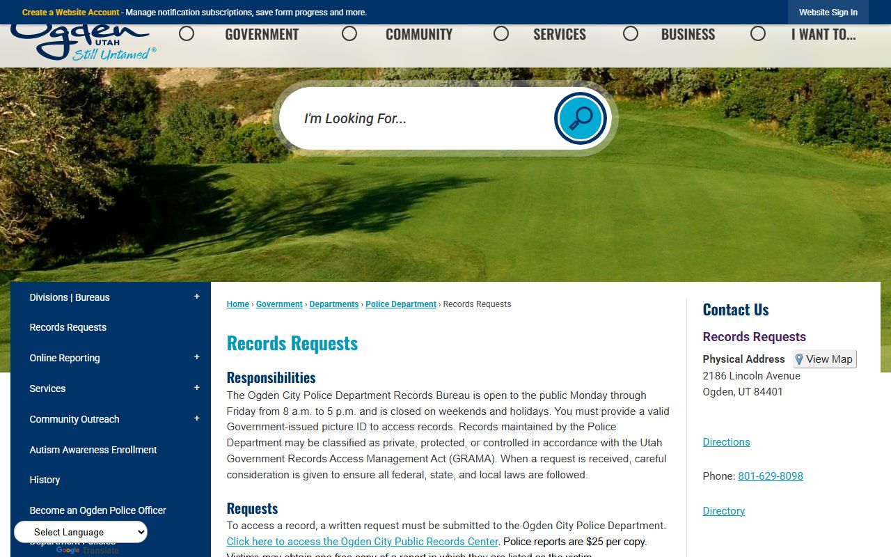 Ogden Police records requests page for bench warrants