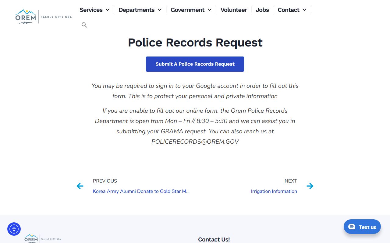 Orem Police records request page for bench warrants