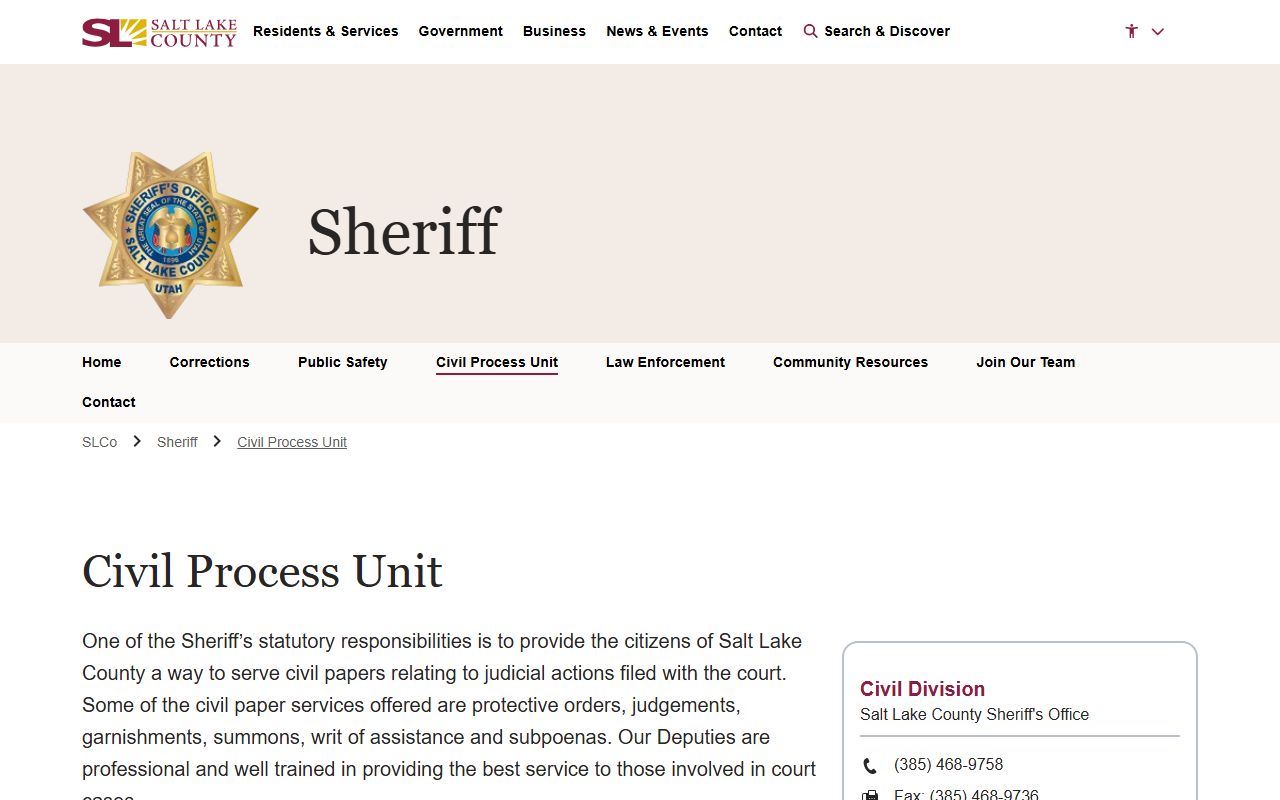 Salt Lake County Sheriff civil process page for bench warrants