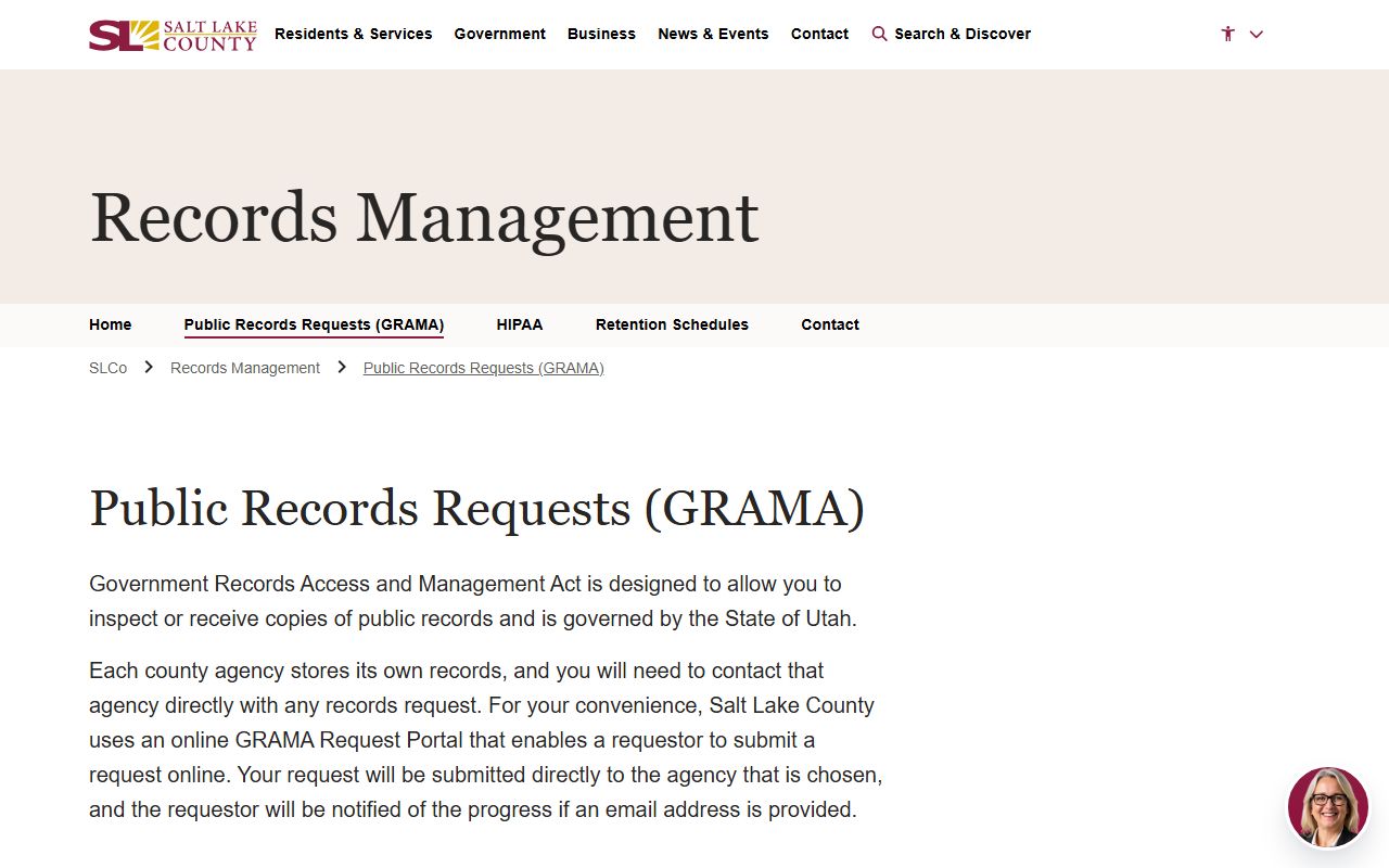 Salt Lake County records management GRAMA request page for bench warrants