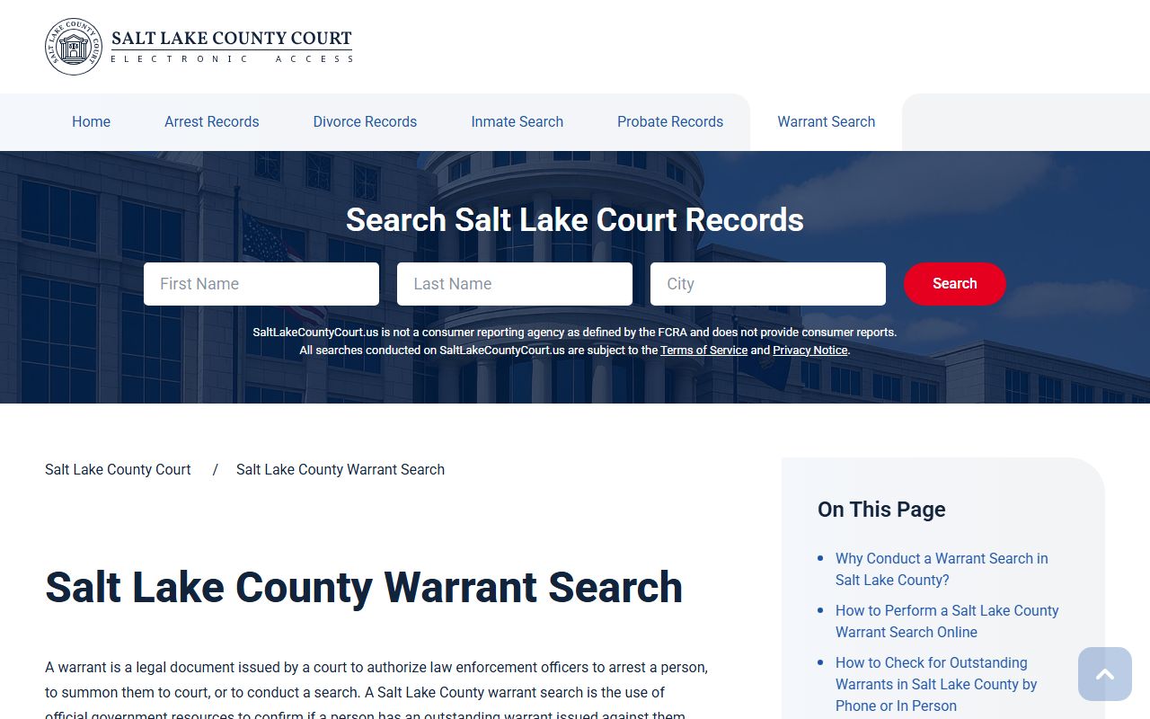 Salt Lake County Court warrant search information page