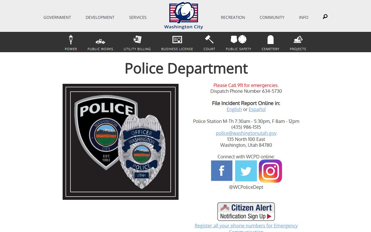 Washington City Police Department page for bench warrant information