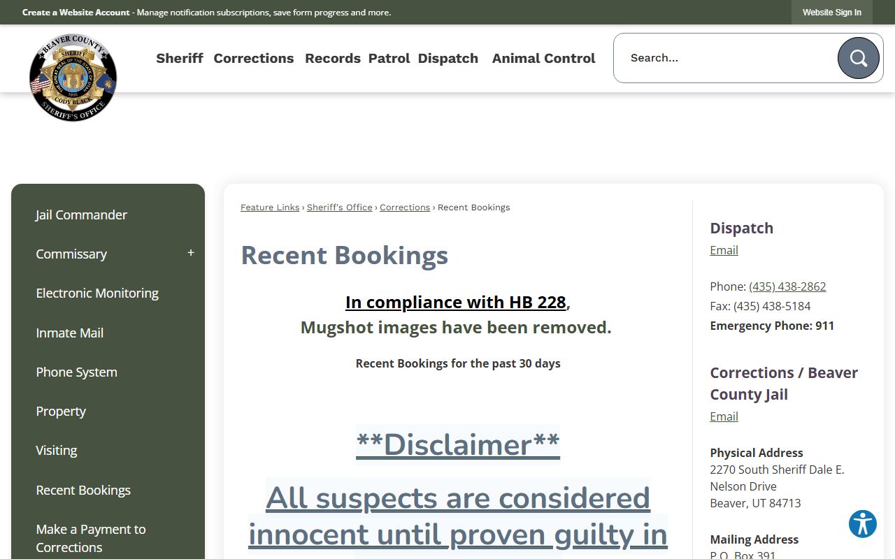 Beaver County recent bookings page showing bench warrant charges