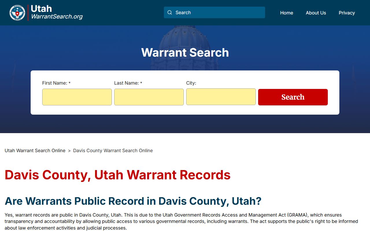 Davis County Sheriff warrant search page for bench warrants