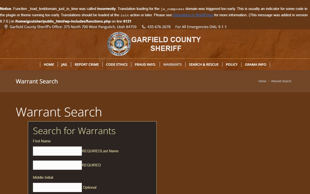 Garfield County warrant search page for bench warrants lookup