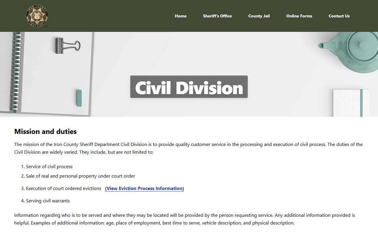 Iron County civil division bench warrant service page