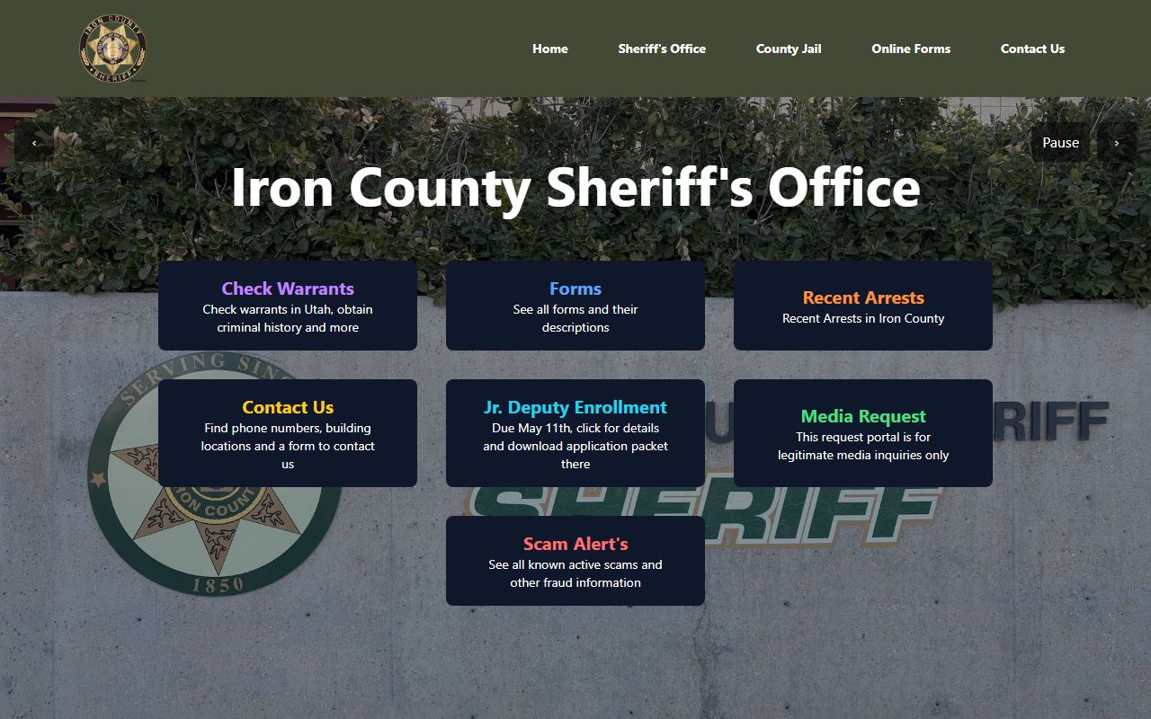 Iron County Sheriff Office website for bench warrants