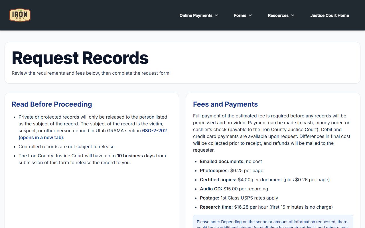 Iron County Justice Court records request for bench warrants
