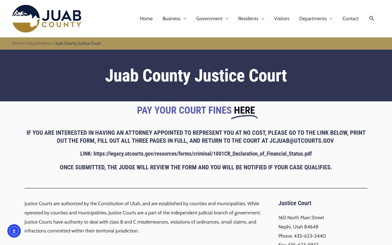 Juab County Justice Court page for bench warrant cases