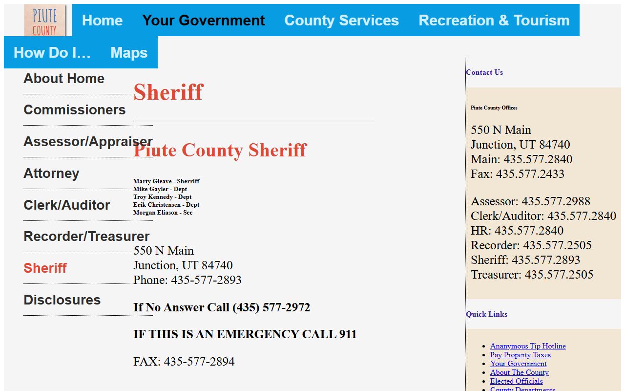 Piute County Sheriff's Office website for bench warrants