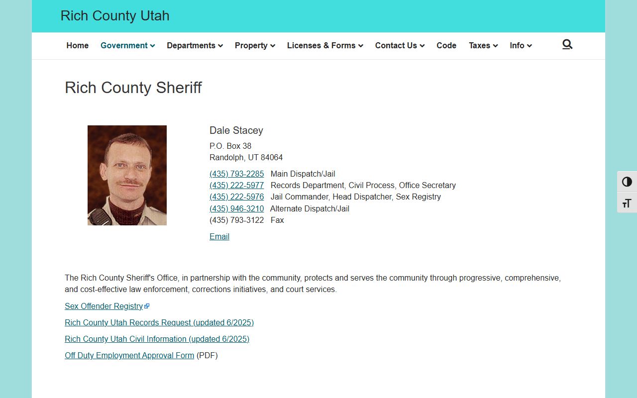 Rich County Sheriff's Office website for bench warrants