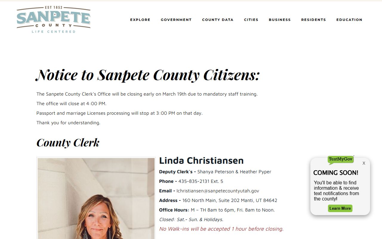 Sanpete County Clerk website for bench warrant records requests