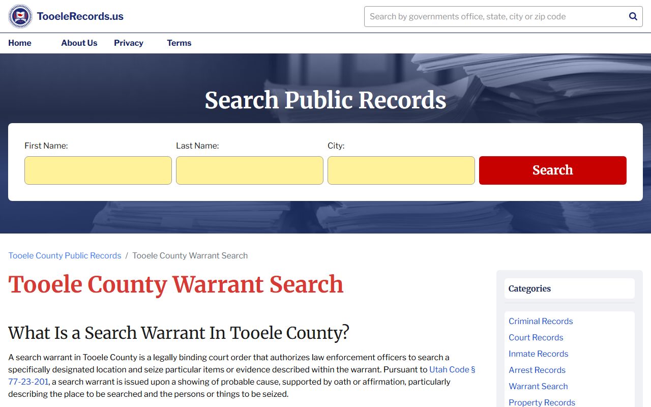Tooele County warrant search tool for bench warrants
