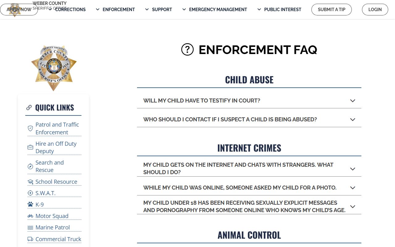 Weber County Sheriff enforcement FAQ page for bench warrant questions