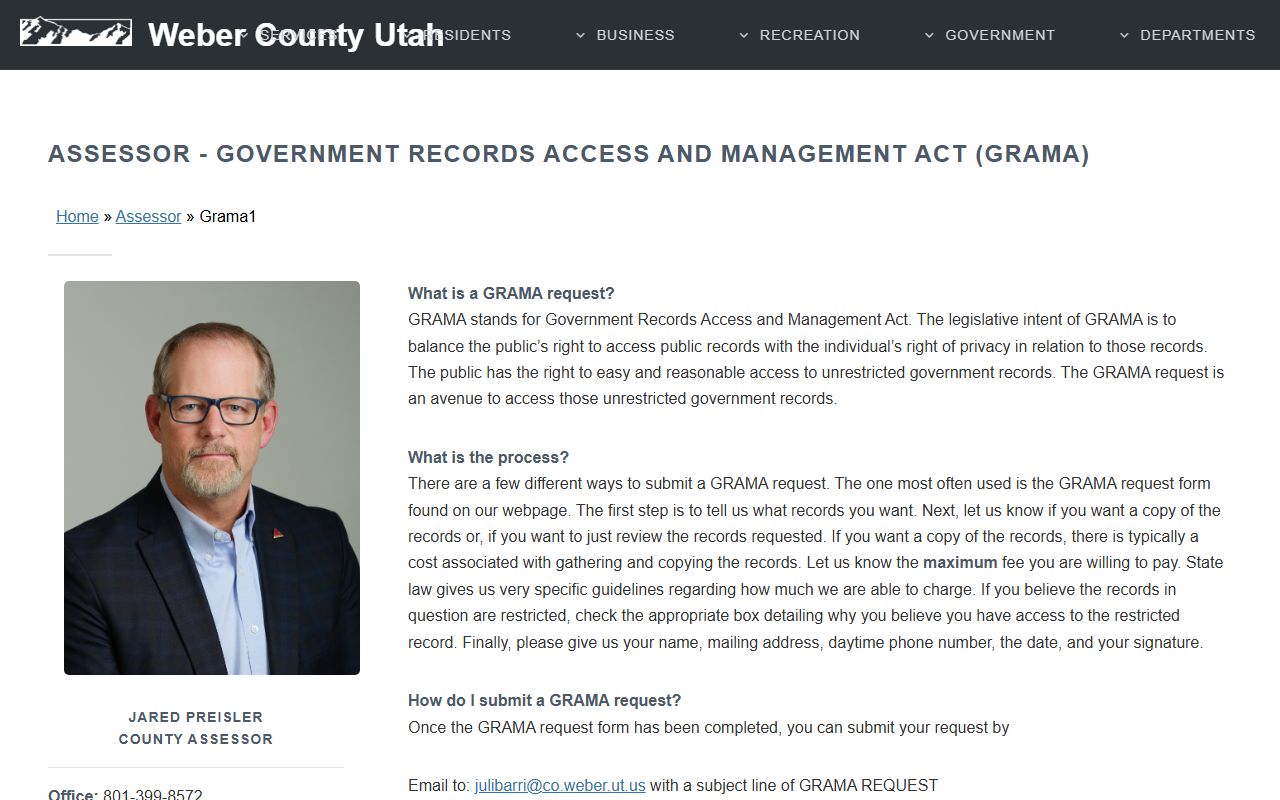 Weber County GRAMA request page for bench warrant records
