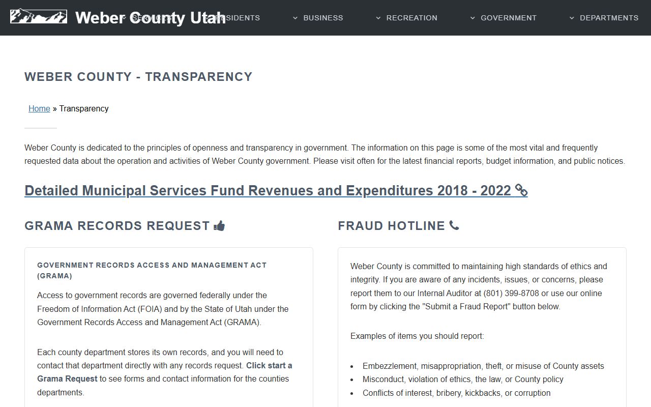 Weber County transparency and GRAMA page for warrant records