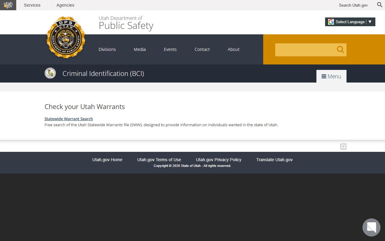 Utah BCI statewide bench warrants search portal