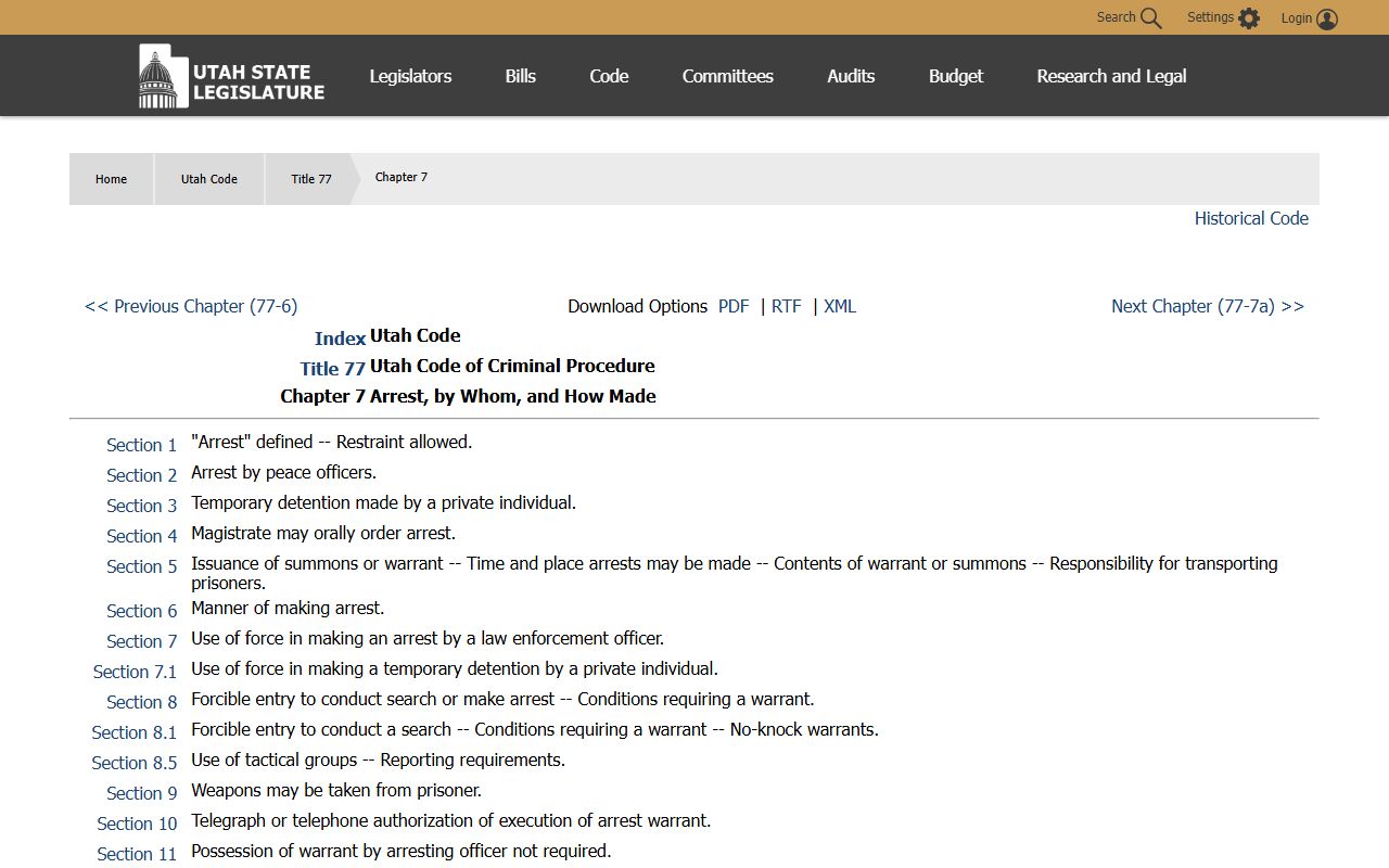Utah Code Title 77 bench warrants and arrest statutes